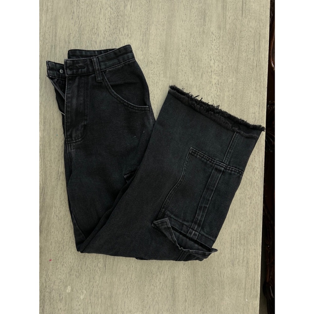 SHEIN Black Denim Cargo Jeans Wide Leg Raw Hem Cross Graphic Print Size 0 XXS